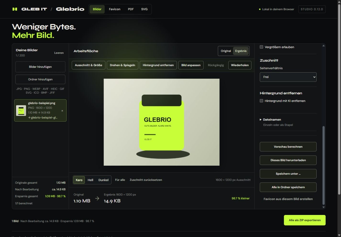 Glebrio 0.12.0: Arbeitsfläche mit integriertem Beispielbild und Schnellwerkzeugen.