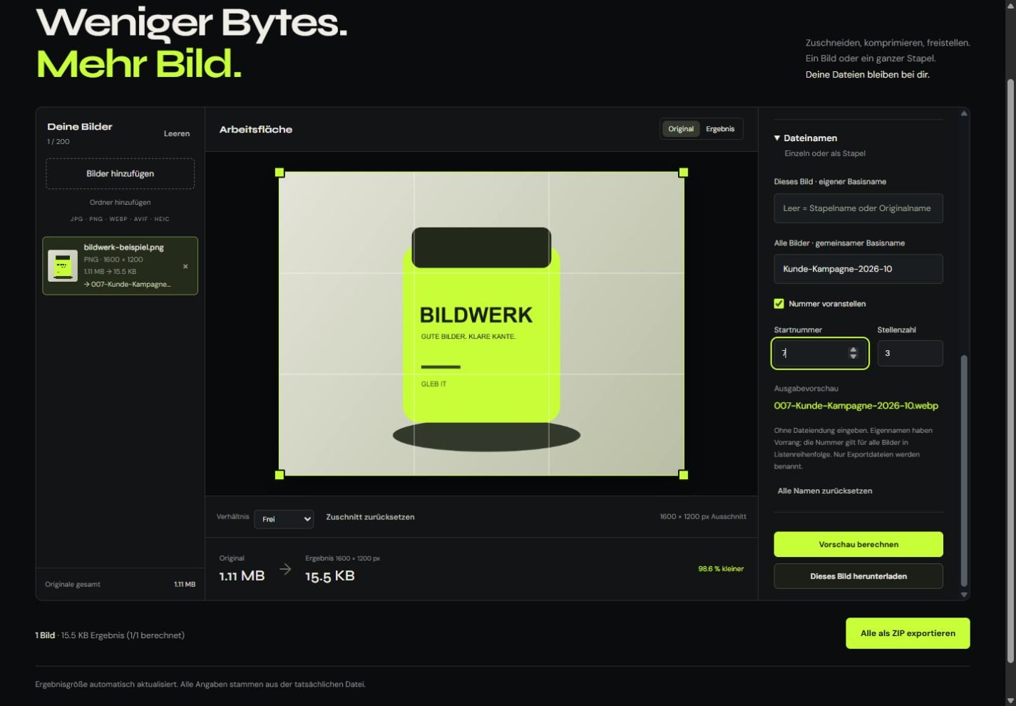 Bildwerk 0.6: Arbeitsfläche mit synthetischem Beispielbild und geöffneter Dateinamen-Vorschau