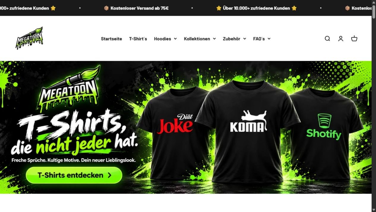 Startseite des Megatoon-Shops mit Navigation und T-Shirt-Kollektion